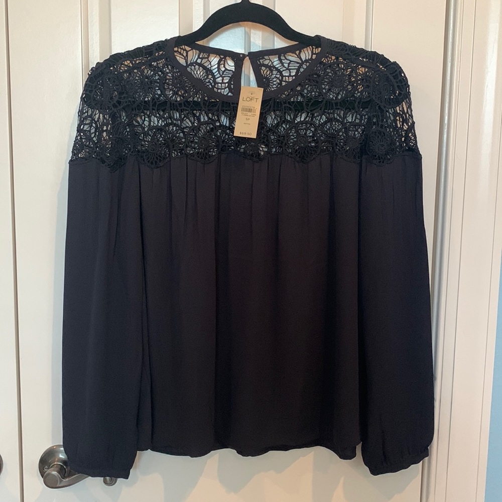 NWT LOFT Embroidered Black Top